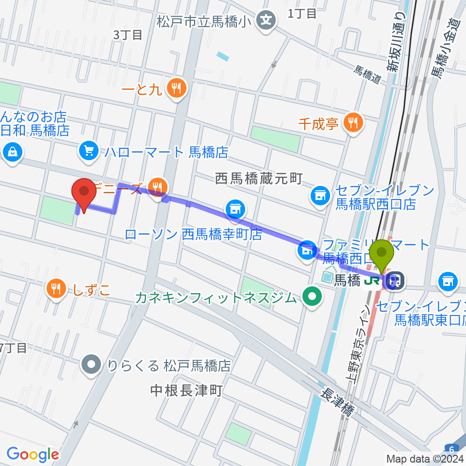 ゆいゆね 箏(琴)・十七絃・三味線音楽教室の最寄駅馬橋駅からの徒歩ルート（約10分）地図
