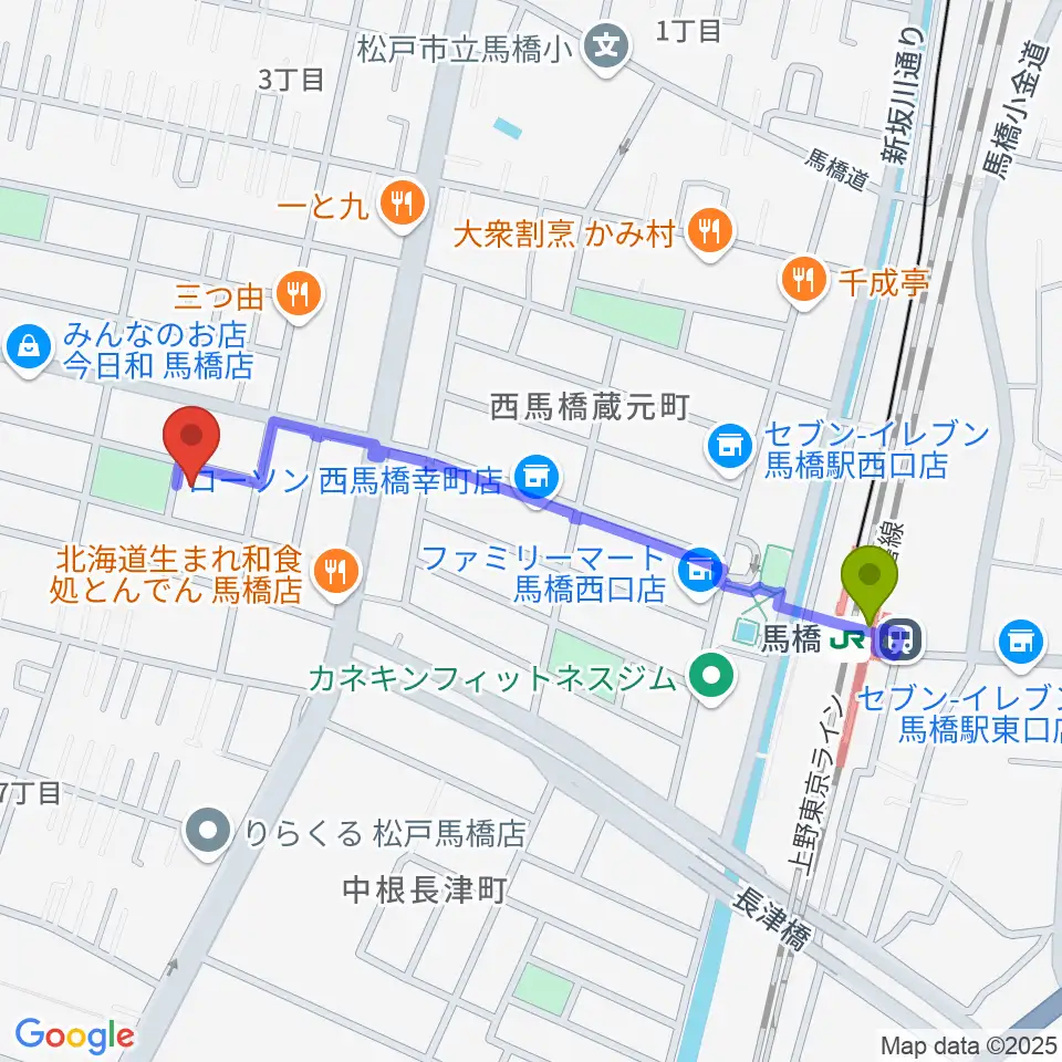 ゆいゆね 箏(琴)・十七絃・三味線音楽教室の最寄駅馬橋駅からの徒歩ルート（約10分）地図