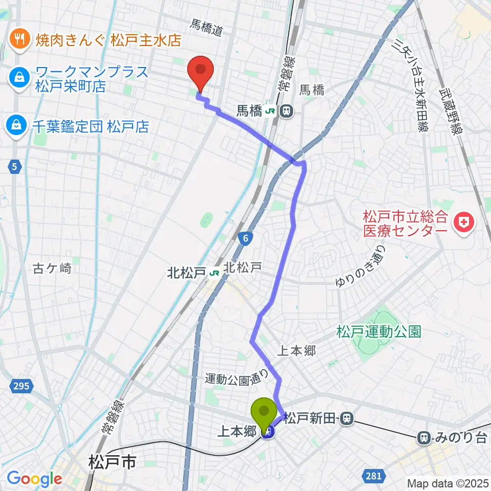 上本郷駅からゆいゆね 箏(琴)・十七絃・三味線音楽教室へのルートマップ地図