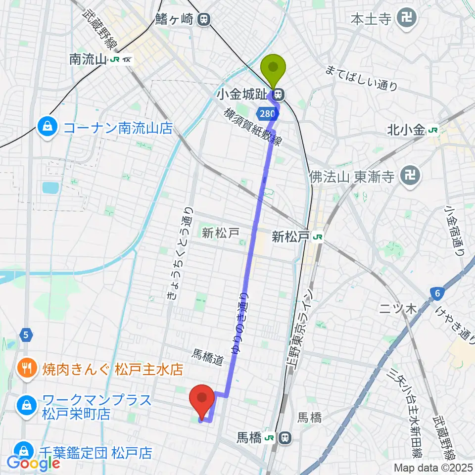 小金城趾駅からゆいゆね 箏(琴)・十七絃・三味線音楽教室へのルートマップ地図