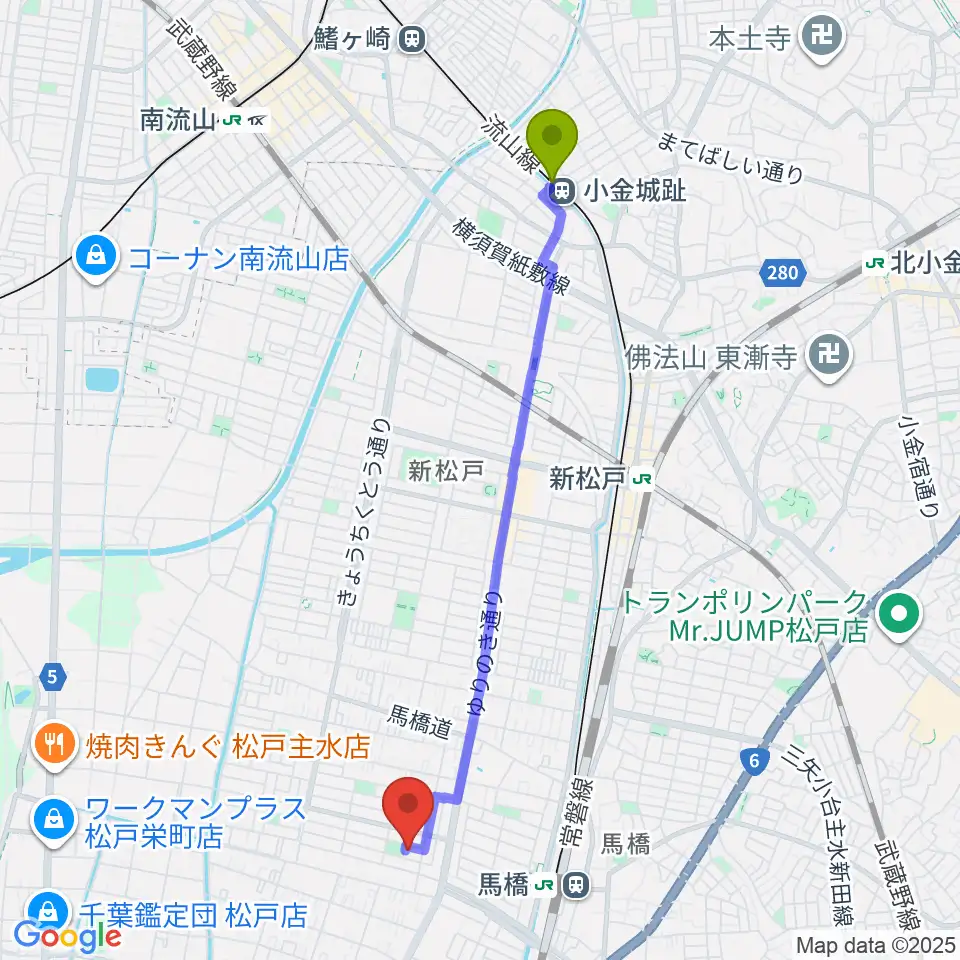 小金城趾駅からゆいゆね 箏(琴)・十七絃・三味線音楽教室へのルートマップ地図