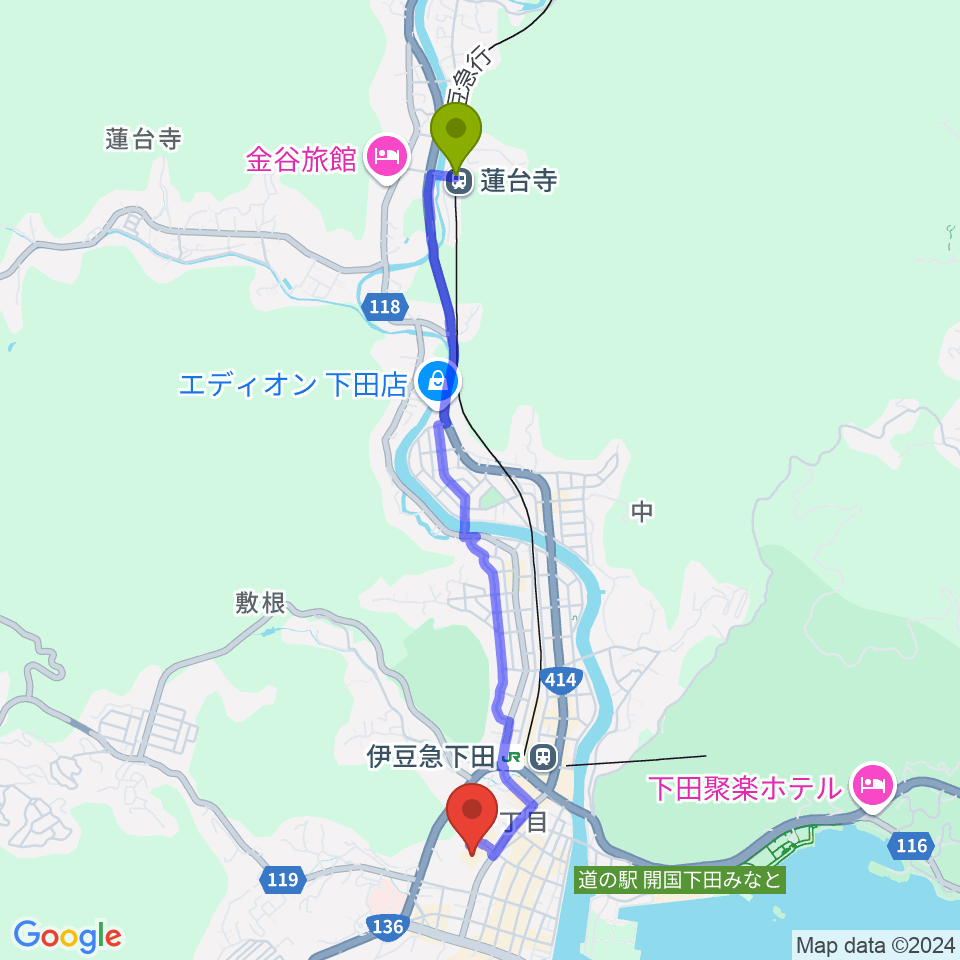 蓮台寺駅から下田市民文化会館へのルートマップ地図