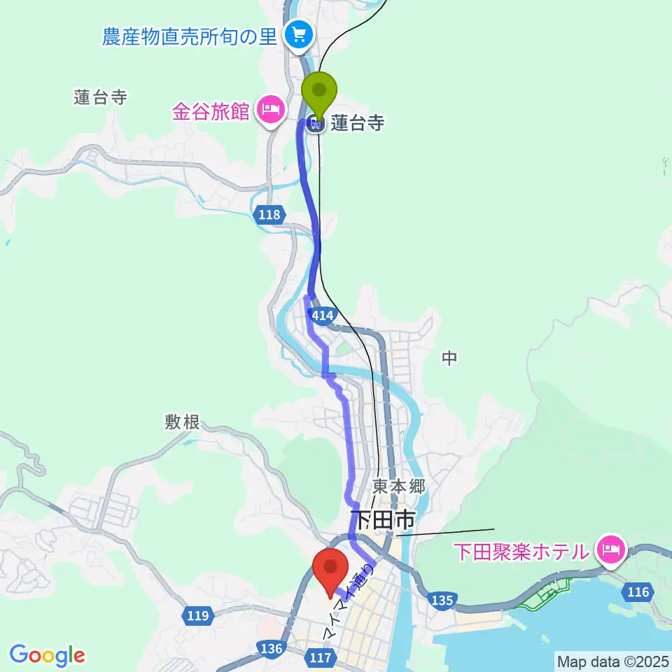 蓮台寺駅から下田市民文化会館へのルートマップ地図