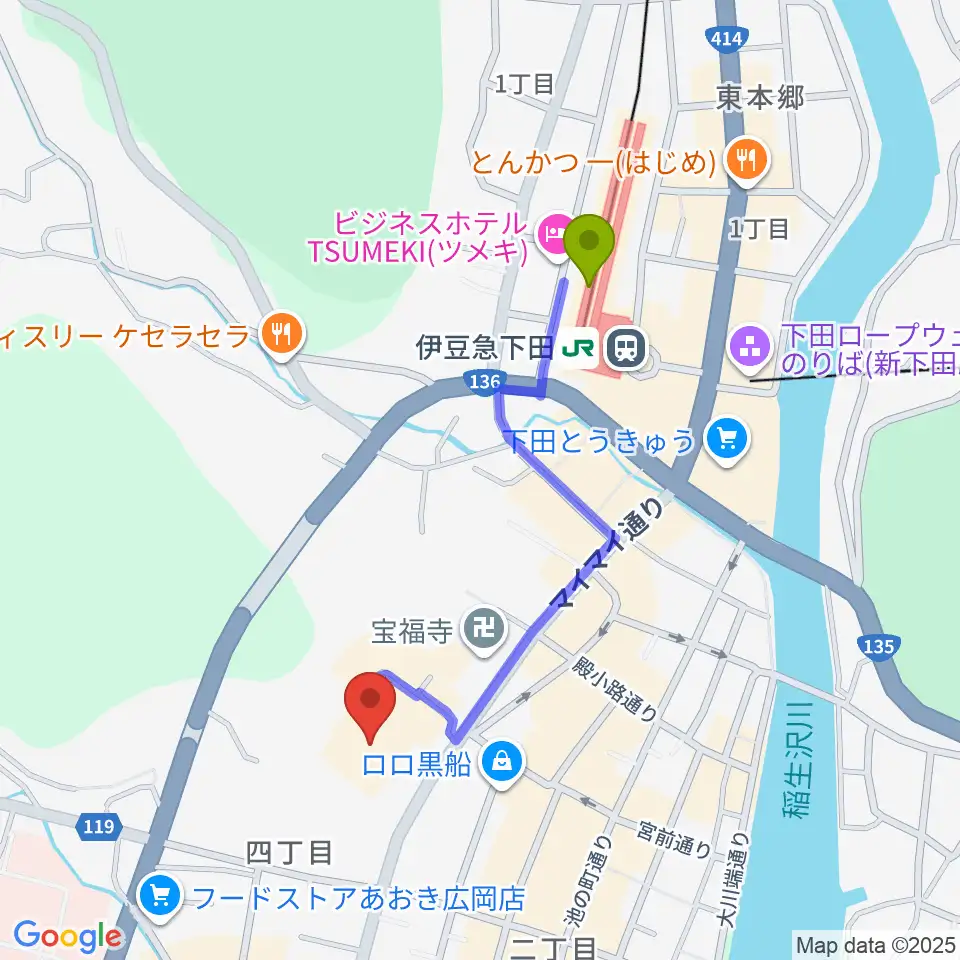 下田市民文化会館の最寄駅伊豆急下田駅からの徒歩ルート（約8分）地図