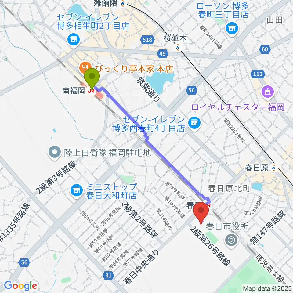 南福岡駅からクローバープラザへのルートマップ地図