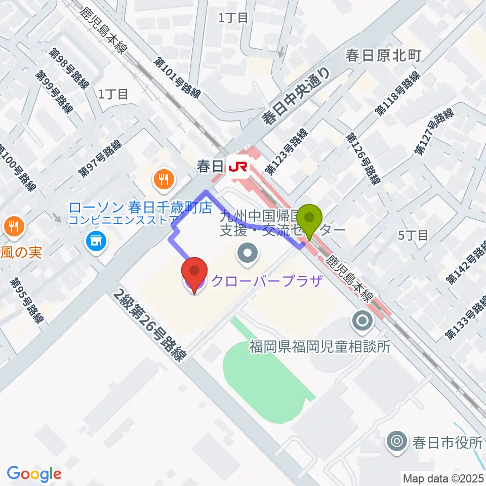 クローバープラザの最寄駅春日駅からの徒歩ルート（約2分）地図