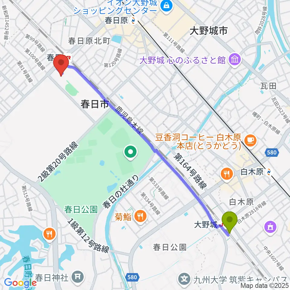 大野城駅からクローバープラザへのルートマップ地図