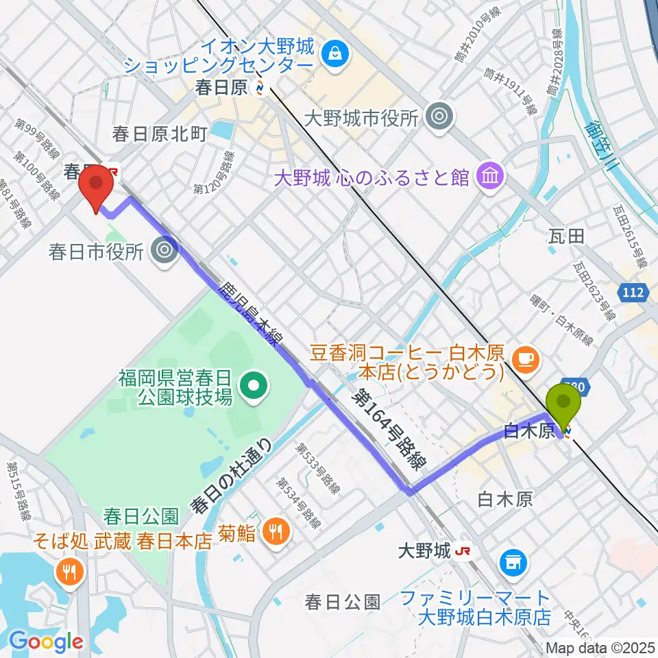 白木原駅からクローバープラザへのルートマップ地図