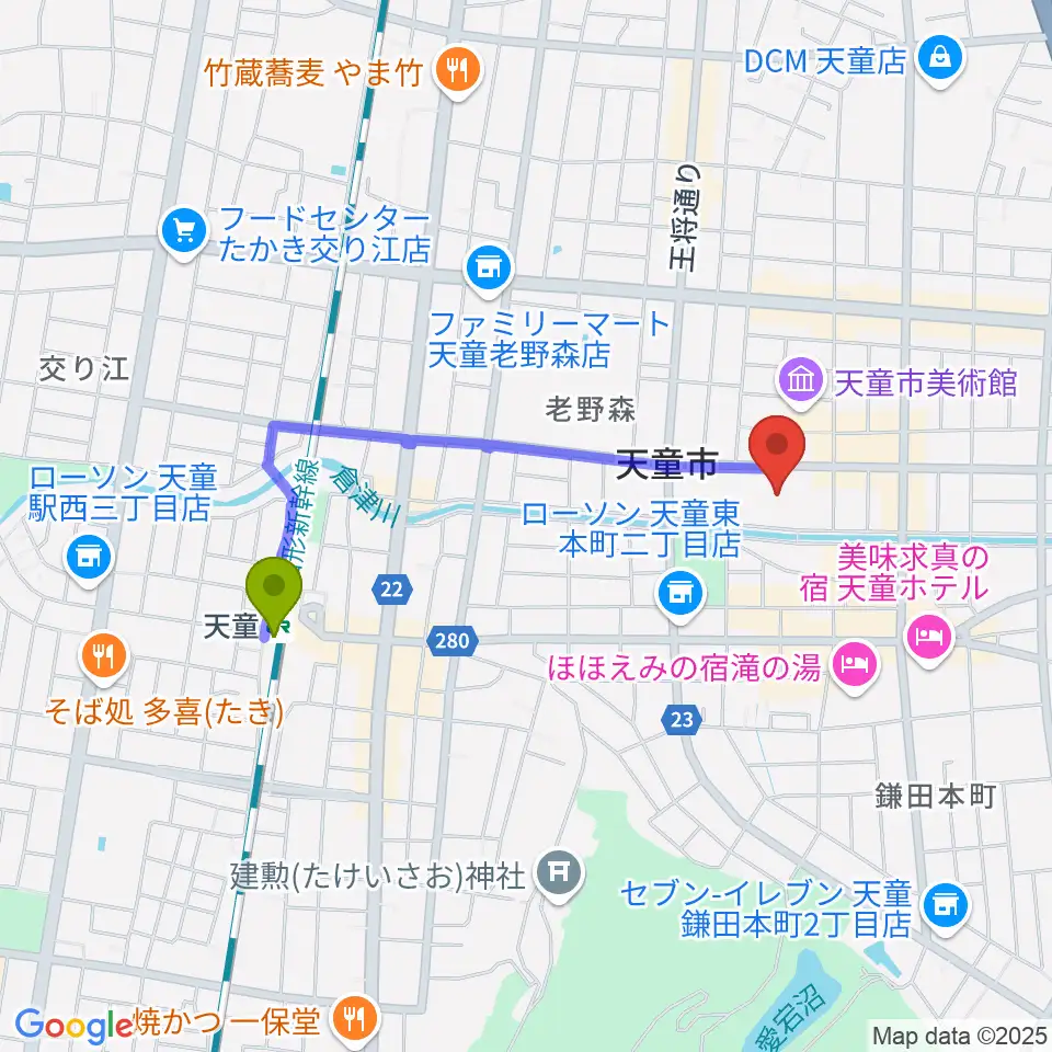 天童市市民文化会館の最寄駅天童駅からの徒歩ルート（約15分）地図
