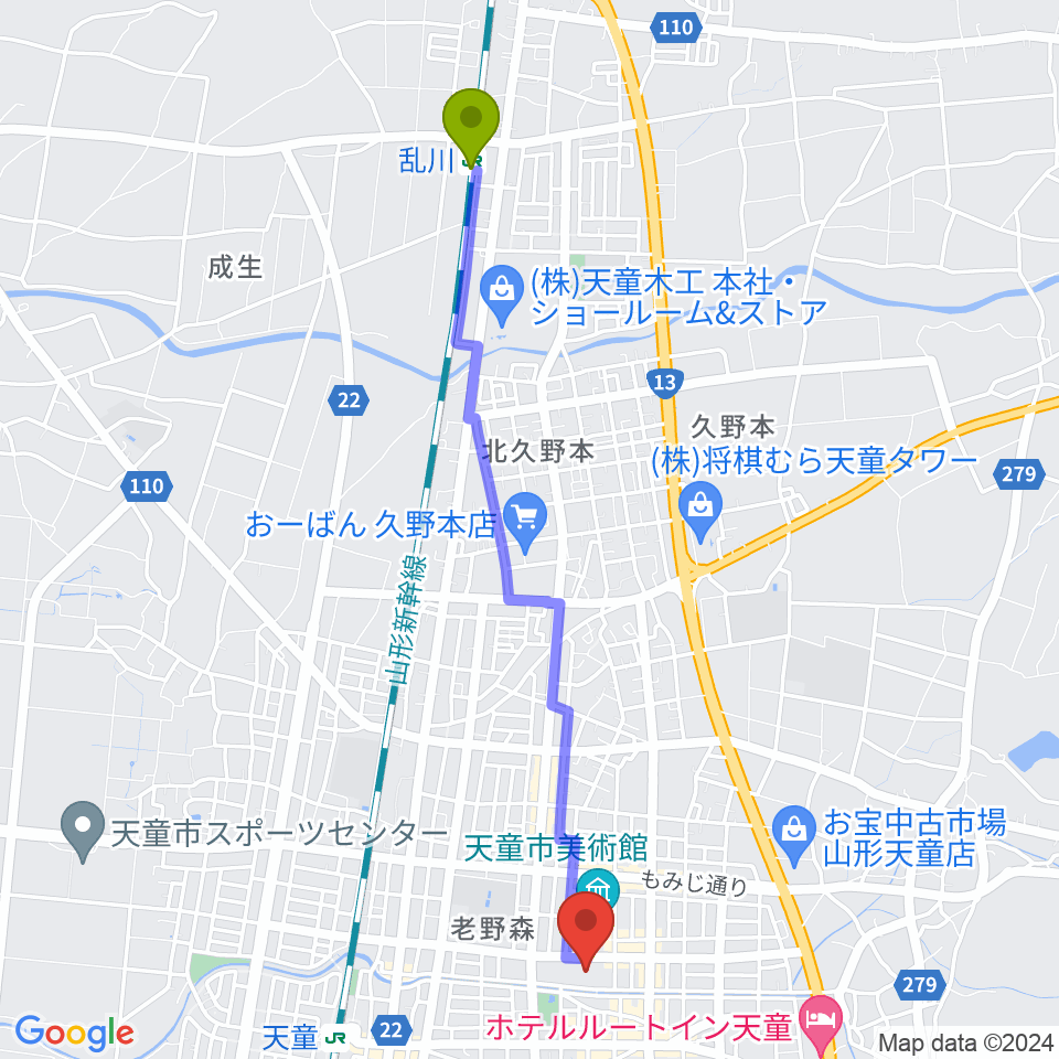 乱川駅から天童市市民文化会館へのルートマップ地図