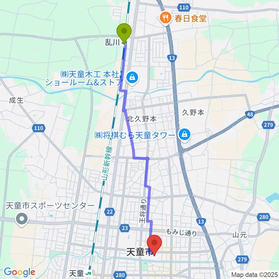 乱川駅から天童市市民文化会館へのルートマップ地図