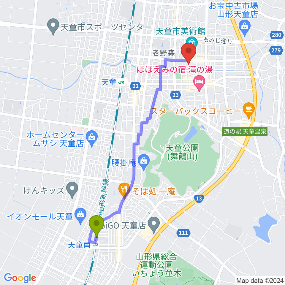 天童南駅から天童市市民文化会館へのルートマップ地図