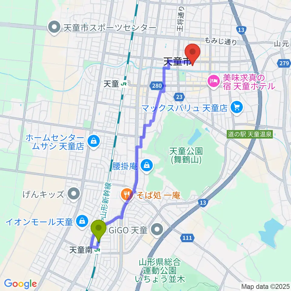 天童南駅から天童市市民文化会館へのルートマップ地図