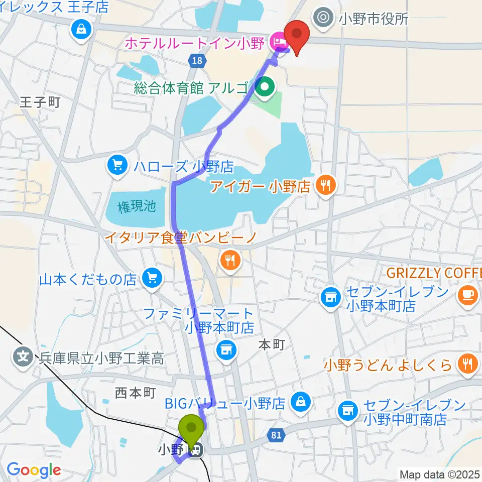 小野市うるおい交流館エクラの最寄駅小野駅からの徒歩ルート（約26分）地図