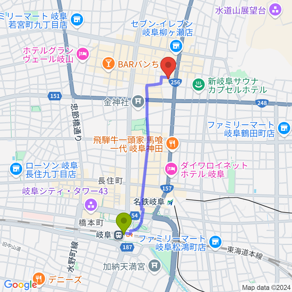 岐阜駅から岐阜club-Gへのルートマップ地図