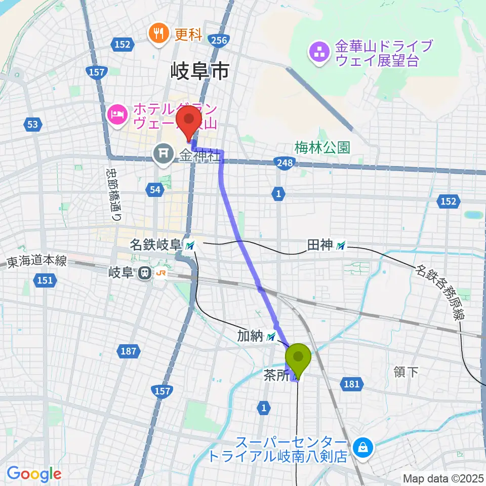 茶所駅から岐阜club-Gへのルートマップ地図