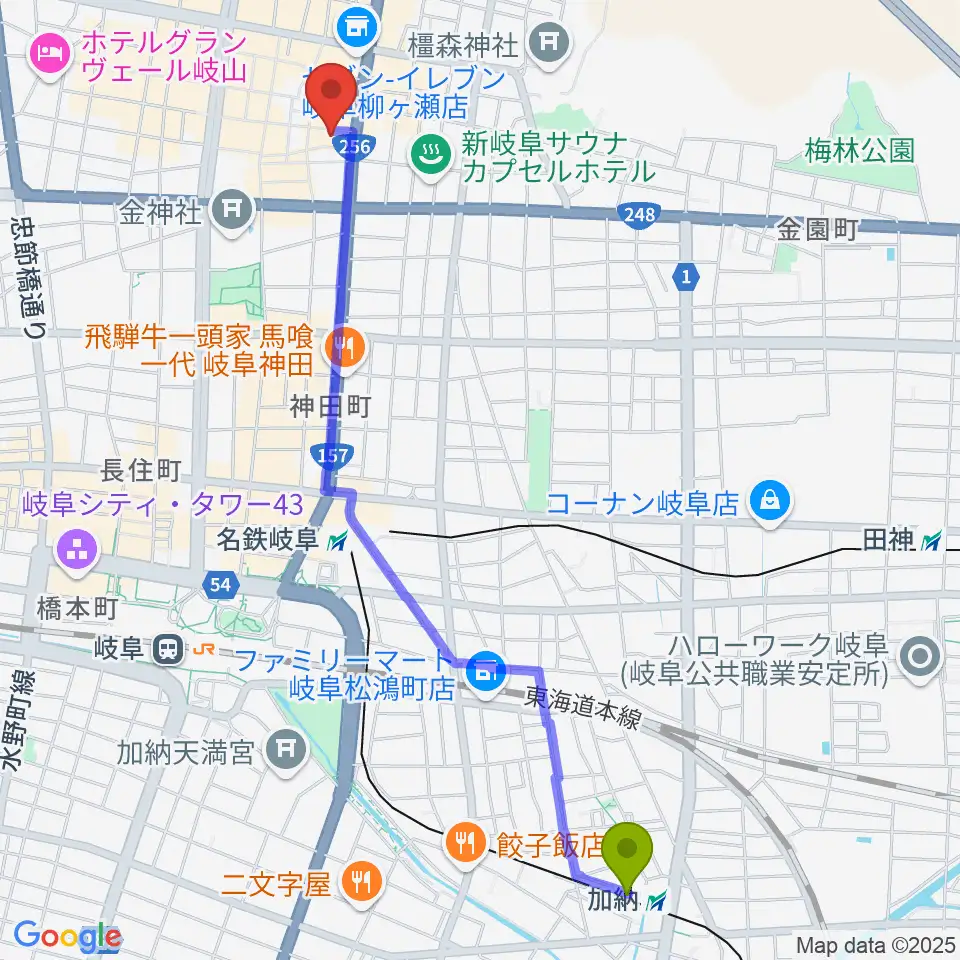 加納駅から岐阜club-Gへのルートマップ地図