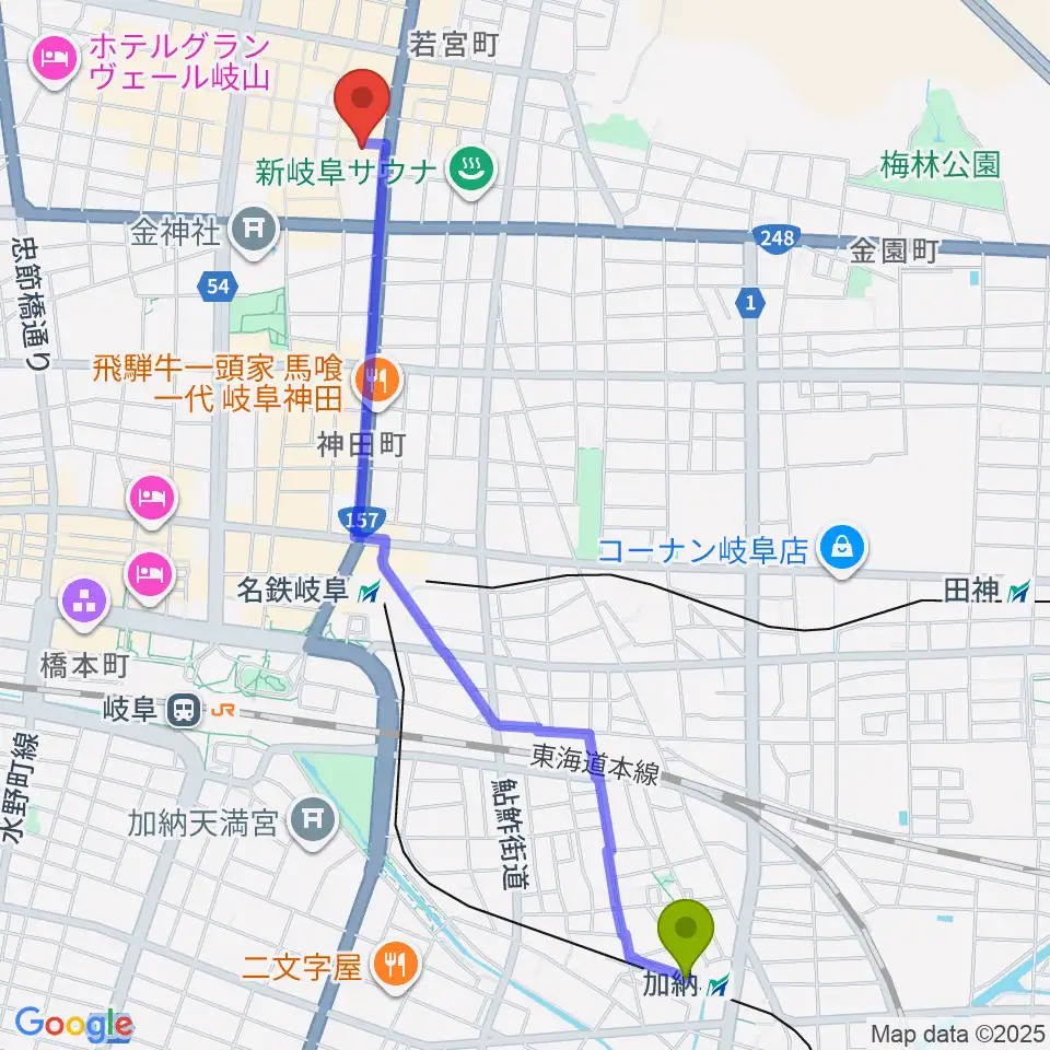 加納駅から岐阜club-Gへのルートマップ地図