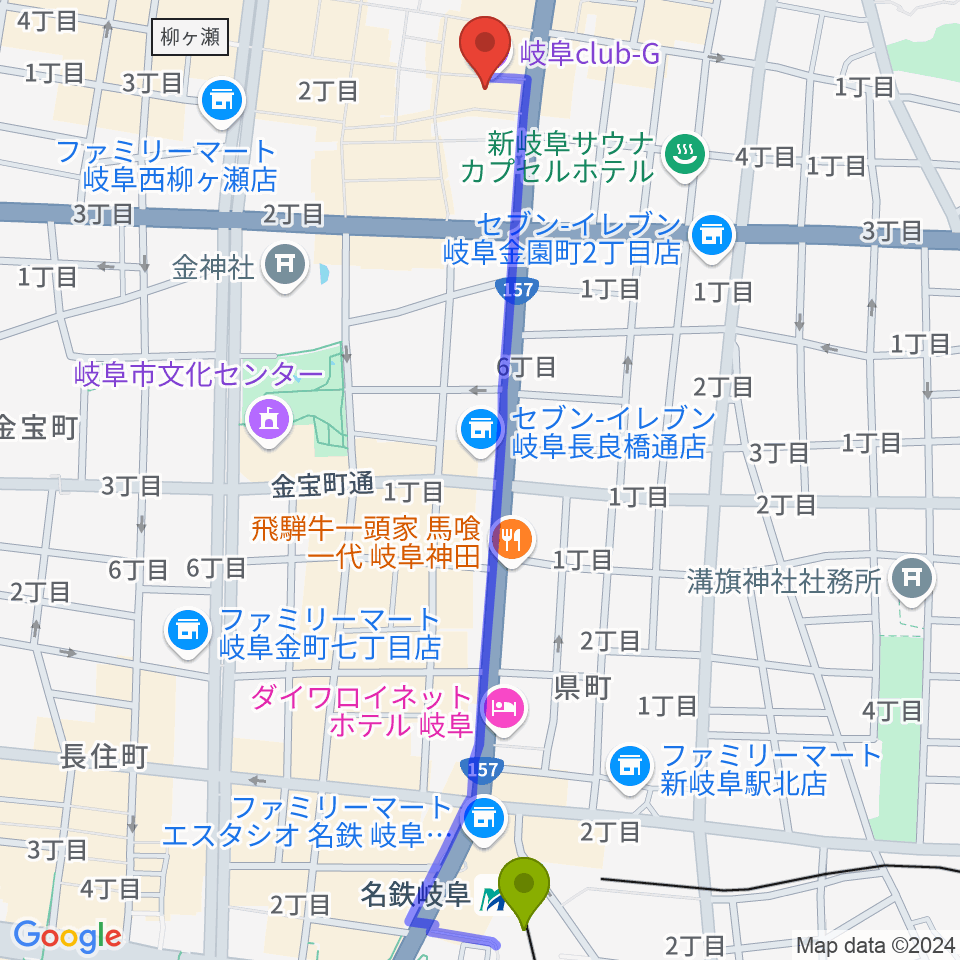 岐阜club-Gの最寄駅名鉄岐阜駅からの徒歩ルート（約14分）地図