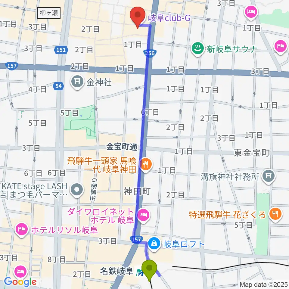 岐阜club-Gの最寄駅名鉄岐阜駅からの徒歩ルート（約14分）地図
