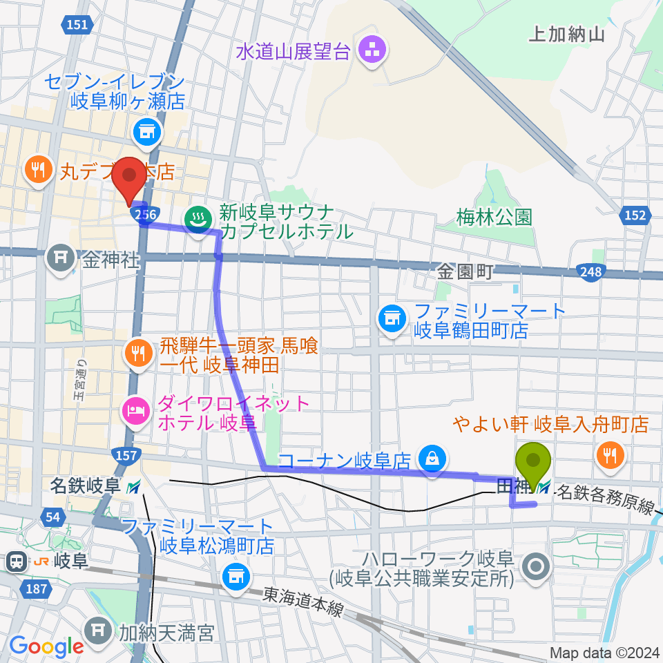 田神駅から岐阜club-Gへのルートマップ地図