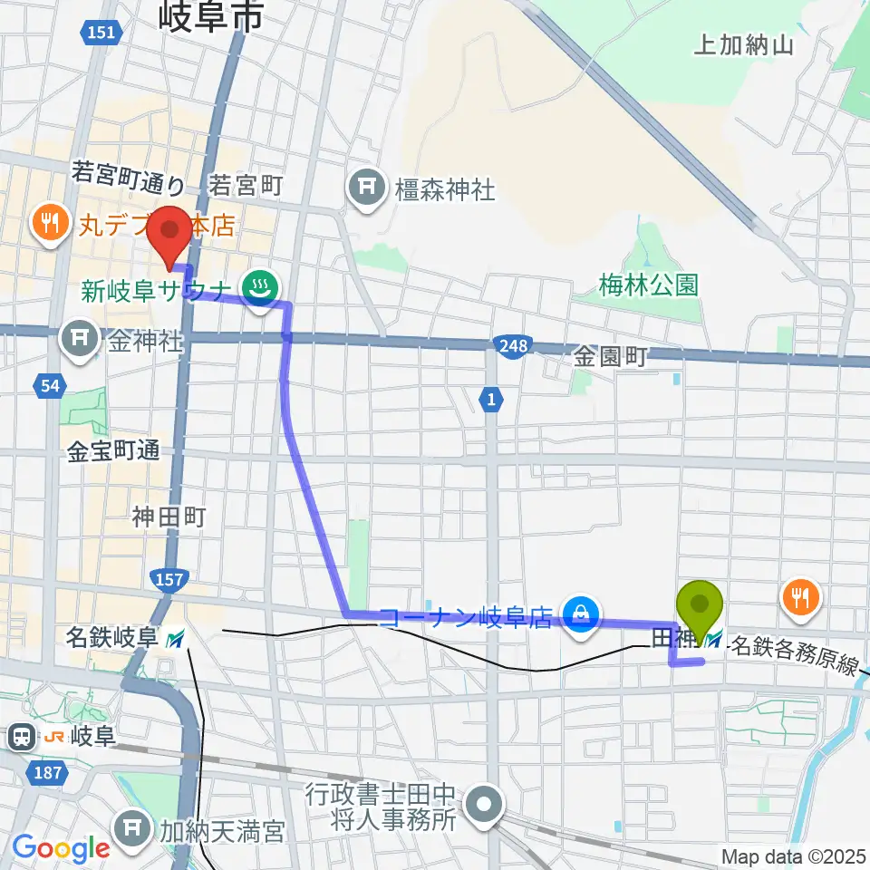田神駅から岐阜club-Gへのルートマップ地図