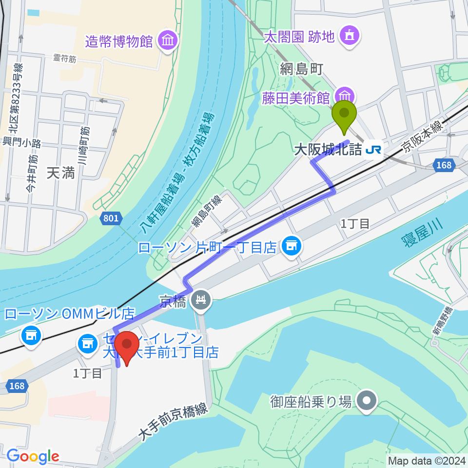 大阪城北詰駅から大阪ドーンセンターへのルートマップ地図