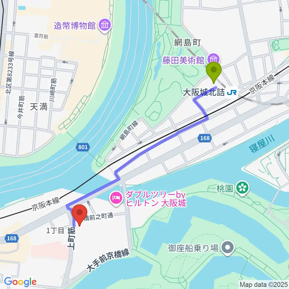 大阪城北詰駅から大阪ドーンセンターへのルートマップ地図