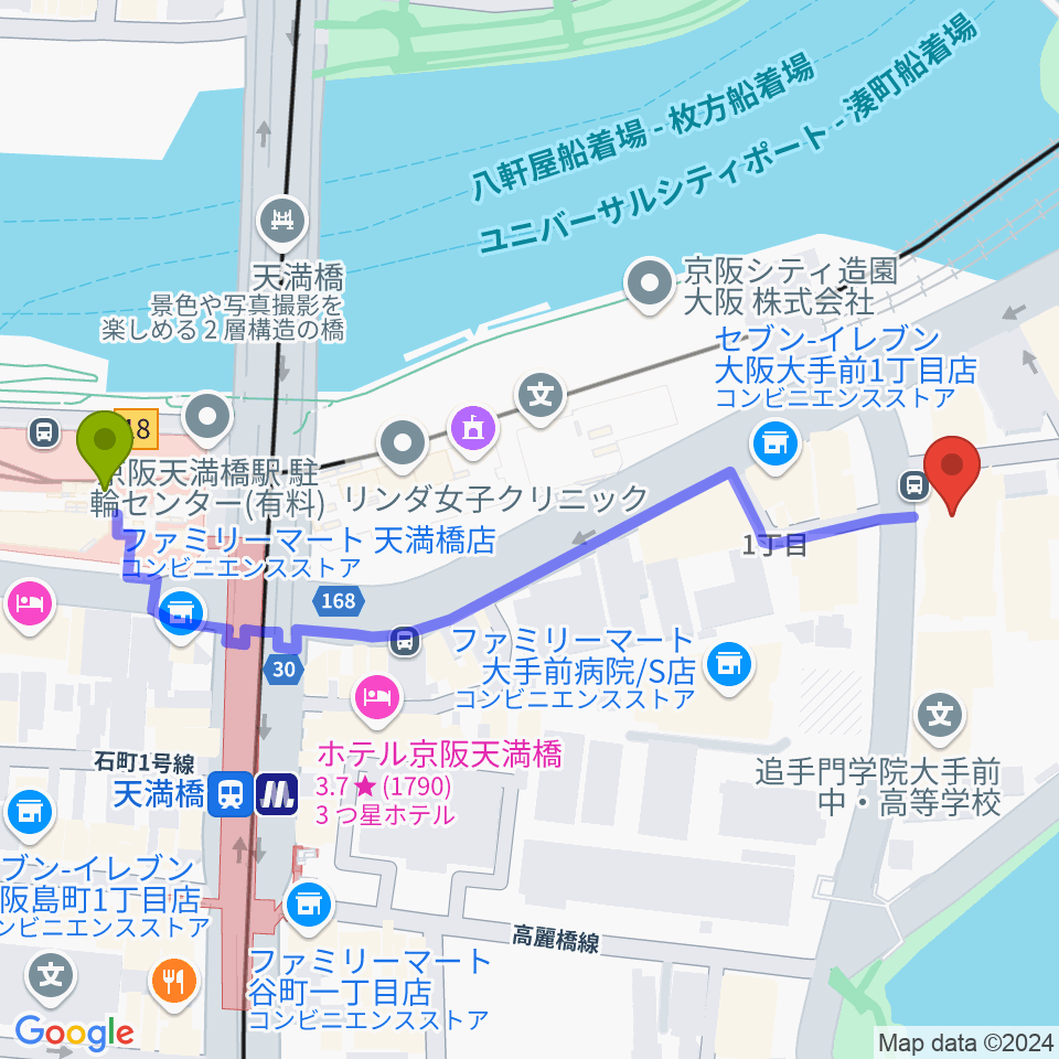 大阪ドーンセンターの最寄駅天満橋駅からの徒歩ルート（約6分）地図