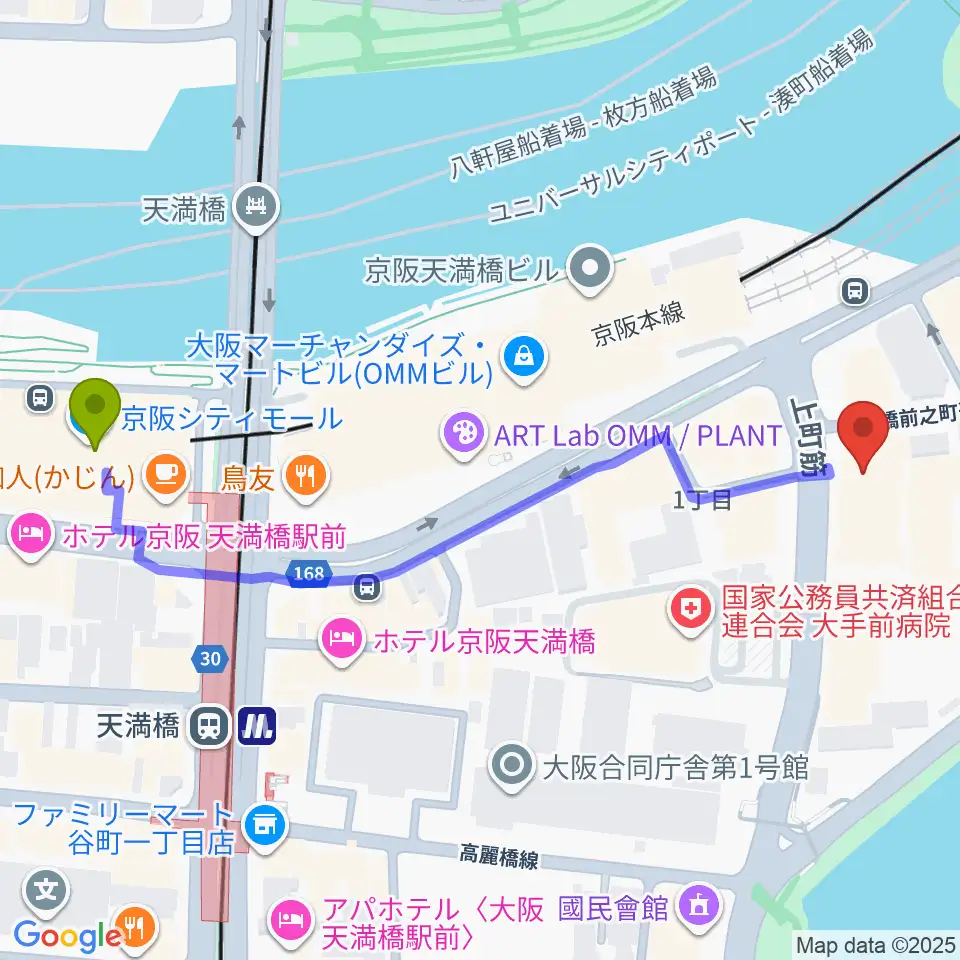 大阪ドーンセンターの最寄駅天満橋駅からの徒歩ルート（約6分）地図