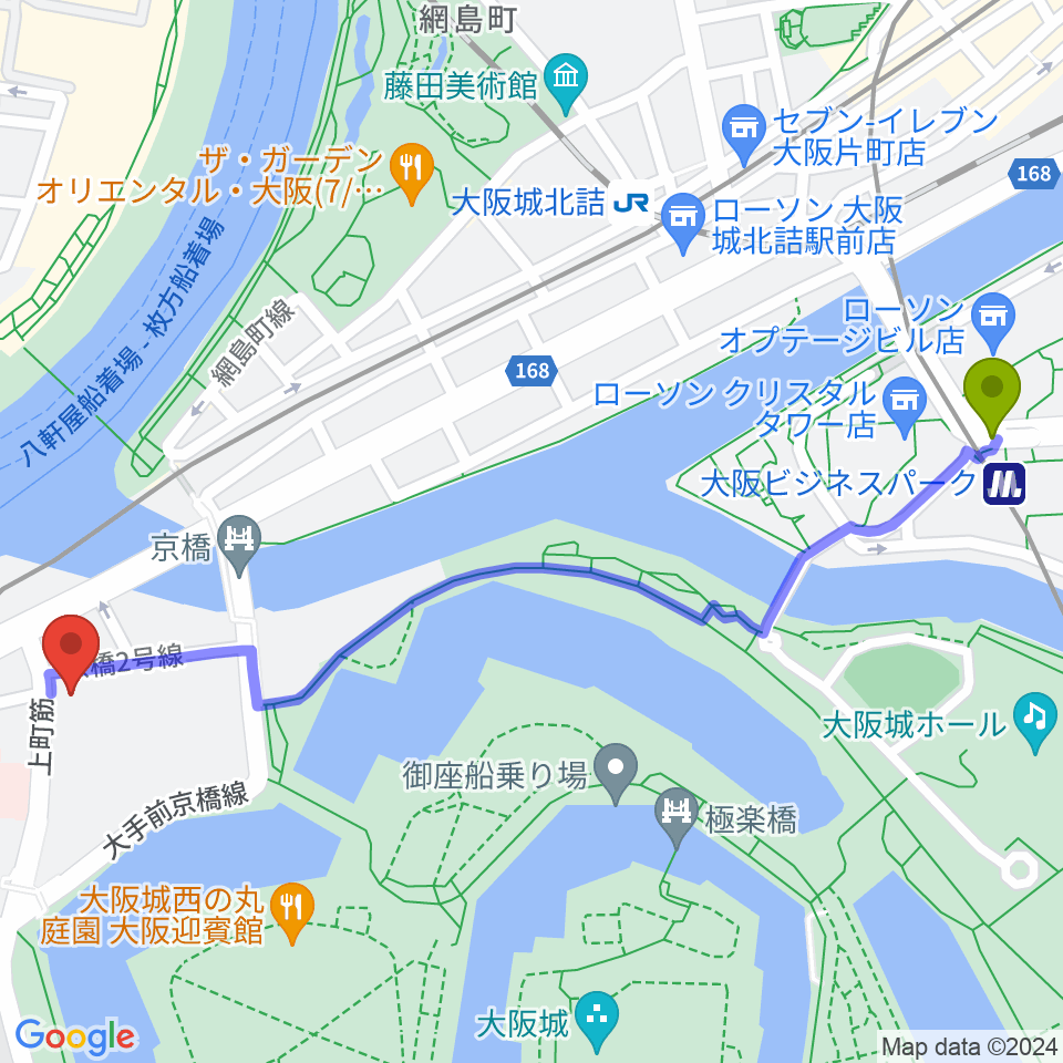 大阪ビジネスパーク駅から大阪ドーンセンターへのルートマップ地図