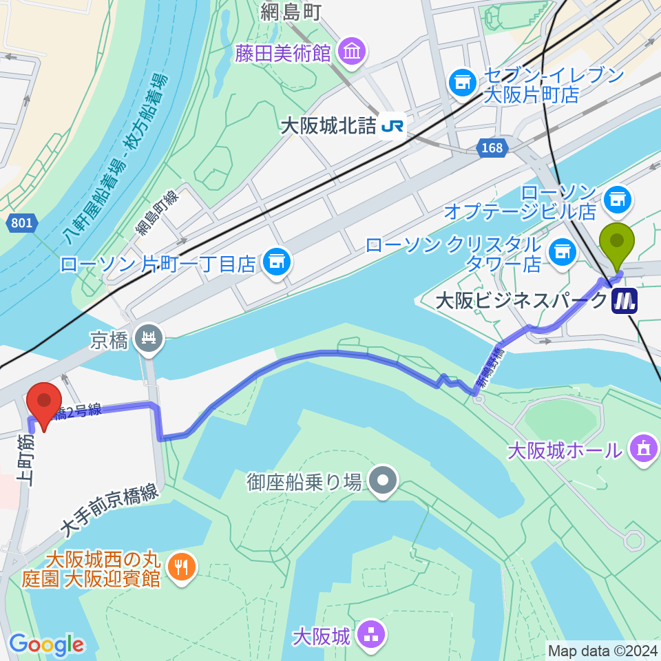 大阪ビジネスパーク駅から大阪ドーンセンターへのルートマップ地図