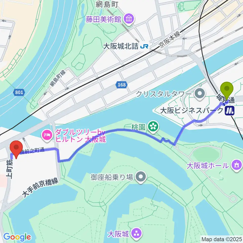 大阪ビジネスパーク駅から大阪ドーンセンターへのルートマップ地図