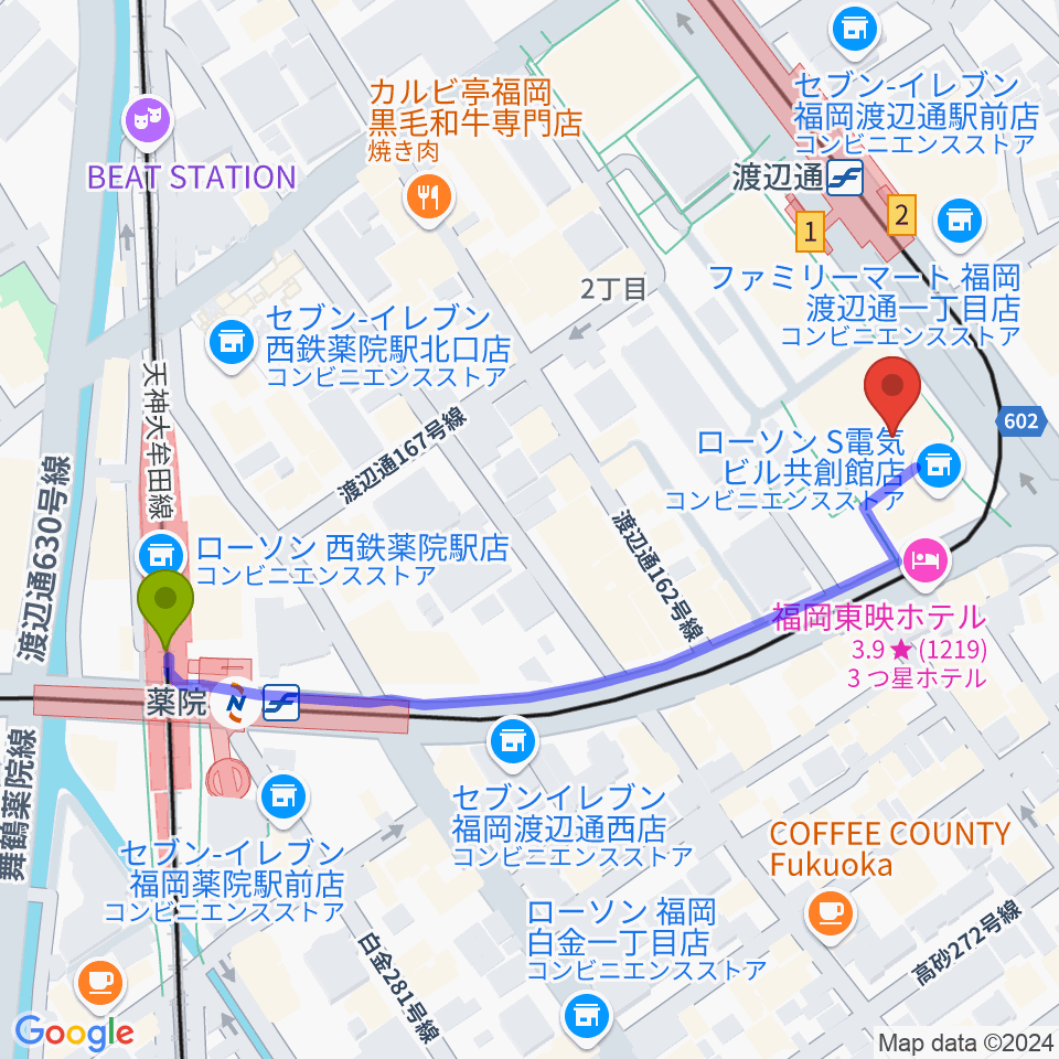 薬院駅から電気ビルみらいホールへのルートマップ地図