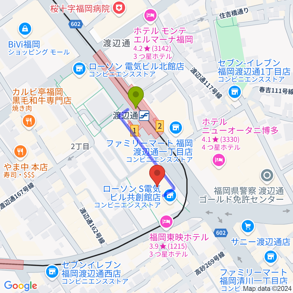 電気ビルみらいホールの最寄駅渡辺通駅からの徒歩ルート（約2分）地図