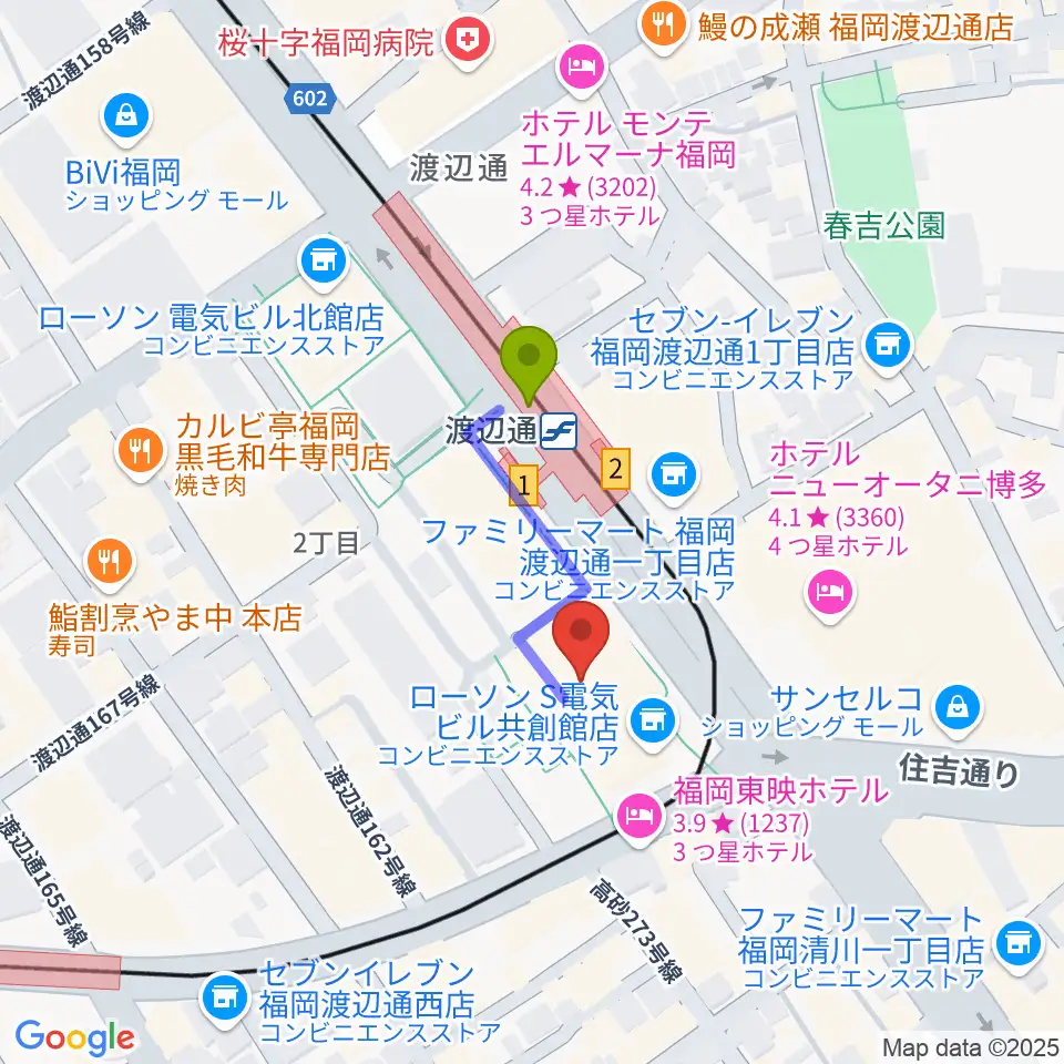 電気ビルみらいホールの最寄駅渡辺通駅からの徒歩ルート（約2分）地図