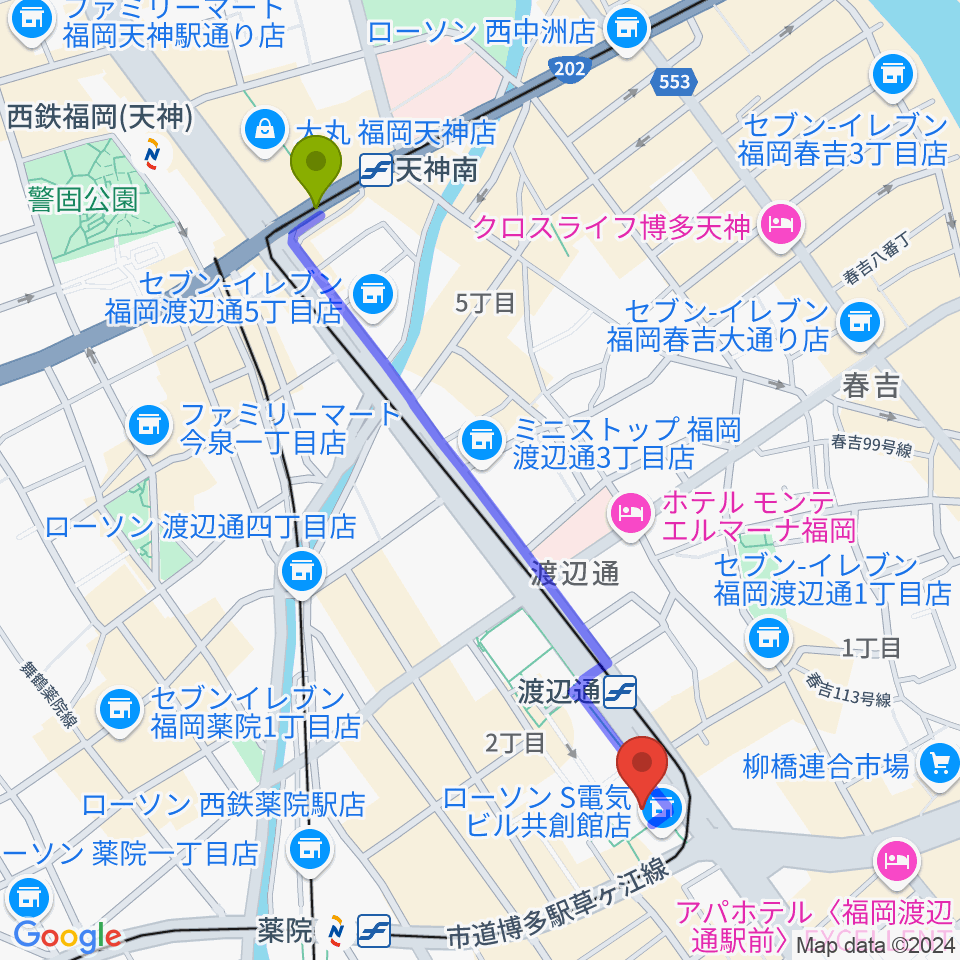 天神南駅から電気ビルみらいホールへのルートマップ地図