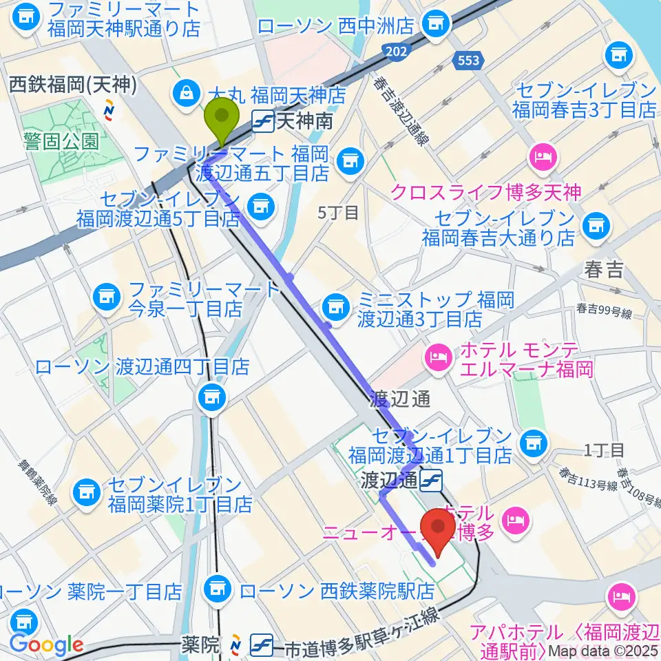 天神南駅から電気ビルみらいホールへのルートマップ地図