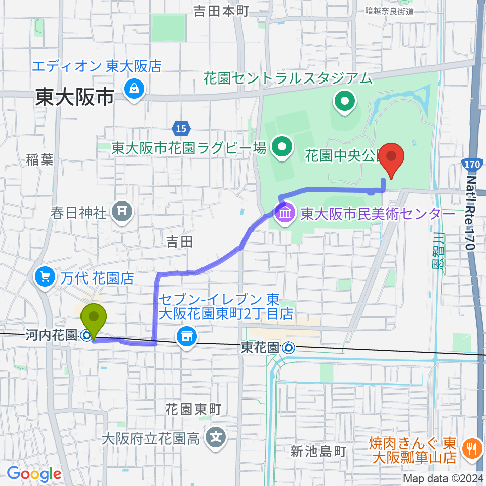 河内花園駅からドリーム21へのルートマップ地図