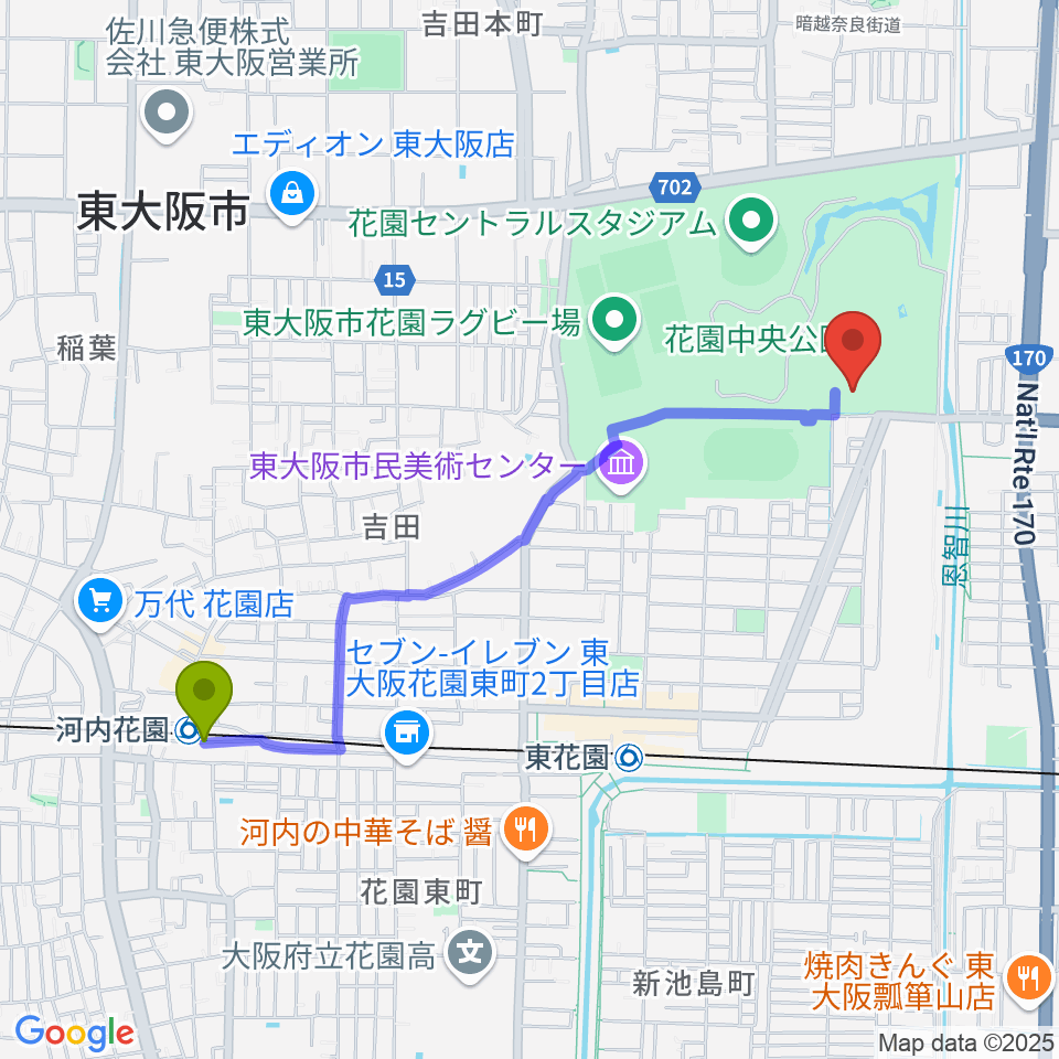 河内花園駅からドリーム21へのルートマップ地図