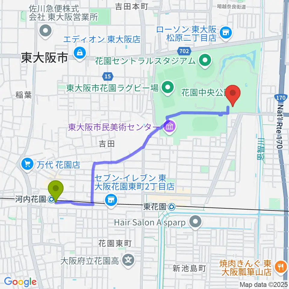 河内花園駅からドリーム21へのルートマップ地図