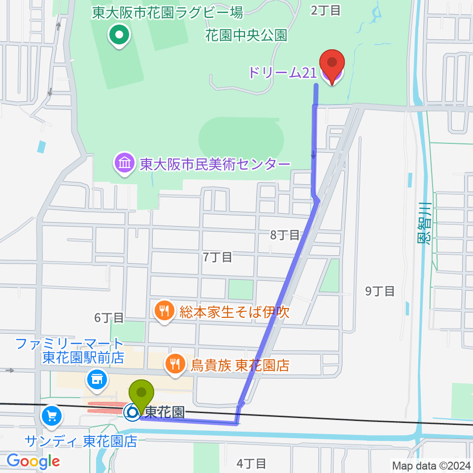 ドリーム21の最寄駅東花園駅からの徒歩ルート（約13分）地図