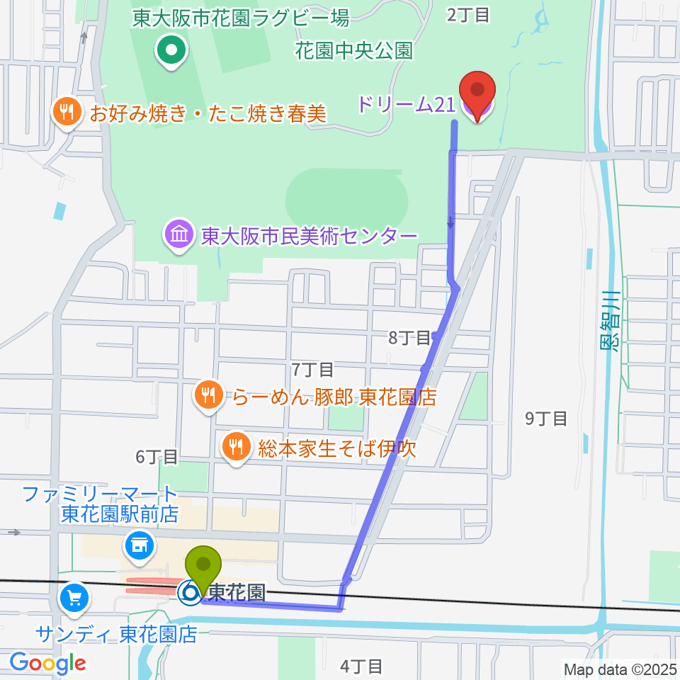 ドリーム21の最寄駅東花園駅からの徒歩ルート（約13分）地図