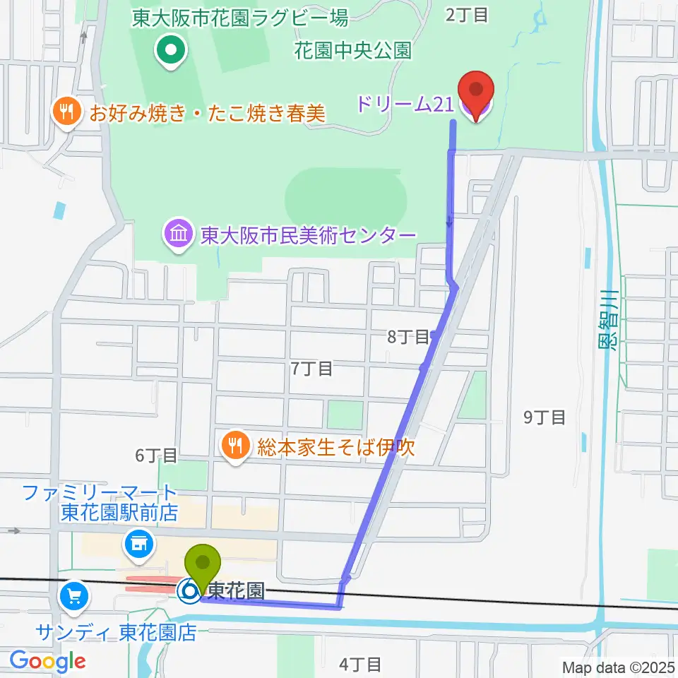 ドリーム21の最寄駅東花園駅からの徒歩ルート（約13分）地図