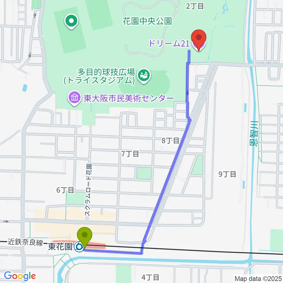 ドリーム21の最寄駅東花園駅からの徒歩ルート（約13分）地図