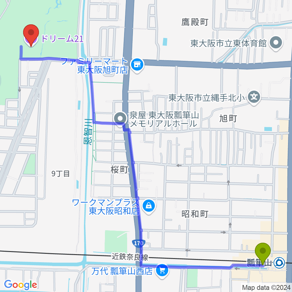 瓢箪山駅からドリーム21へのルートマップ地図