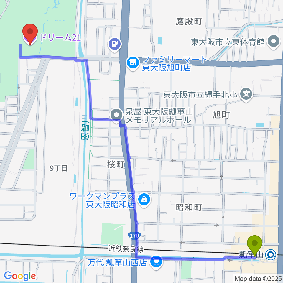 瓢箪山駅からドリーム21へのルートマップ地図