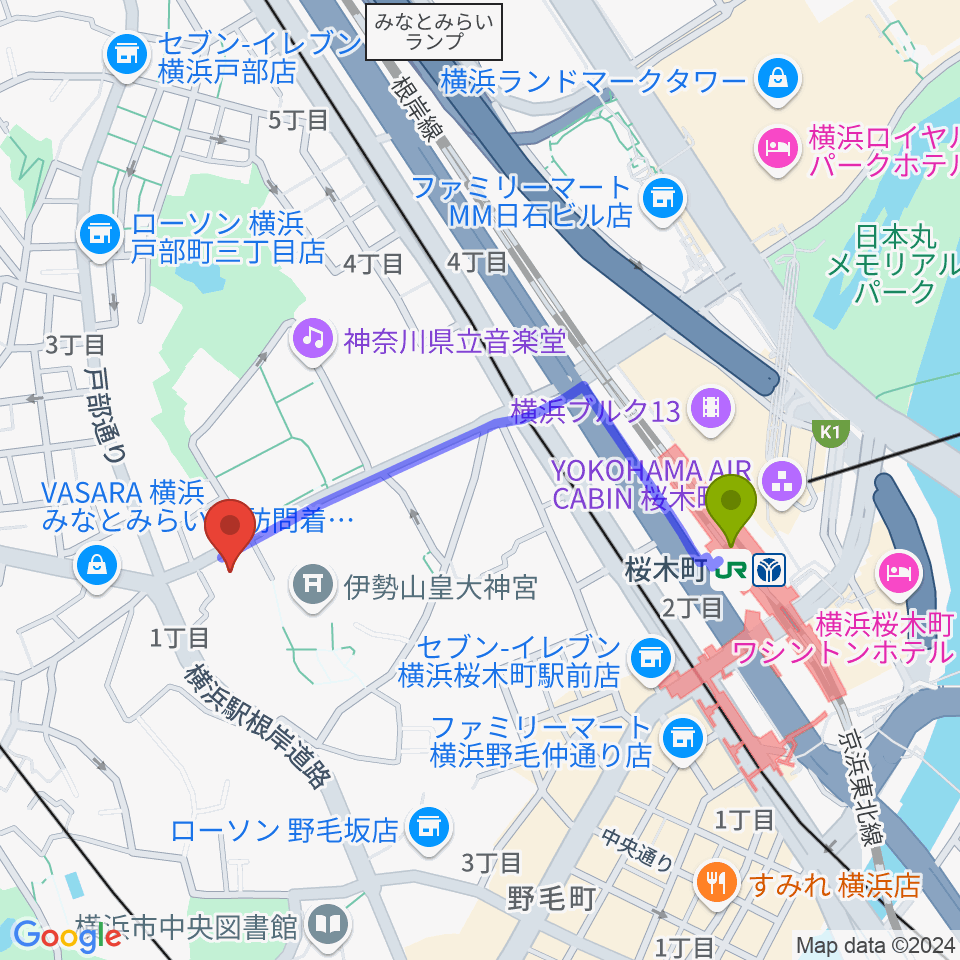 横浜市教育会館の最寄駅桜木町駅からの徒歩ルート（約8分）地図