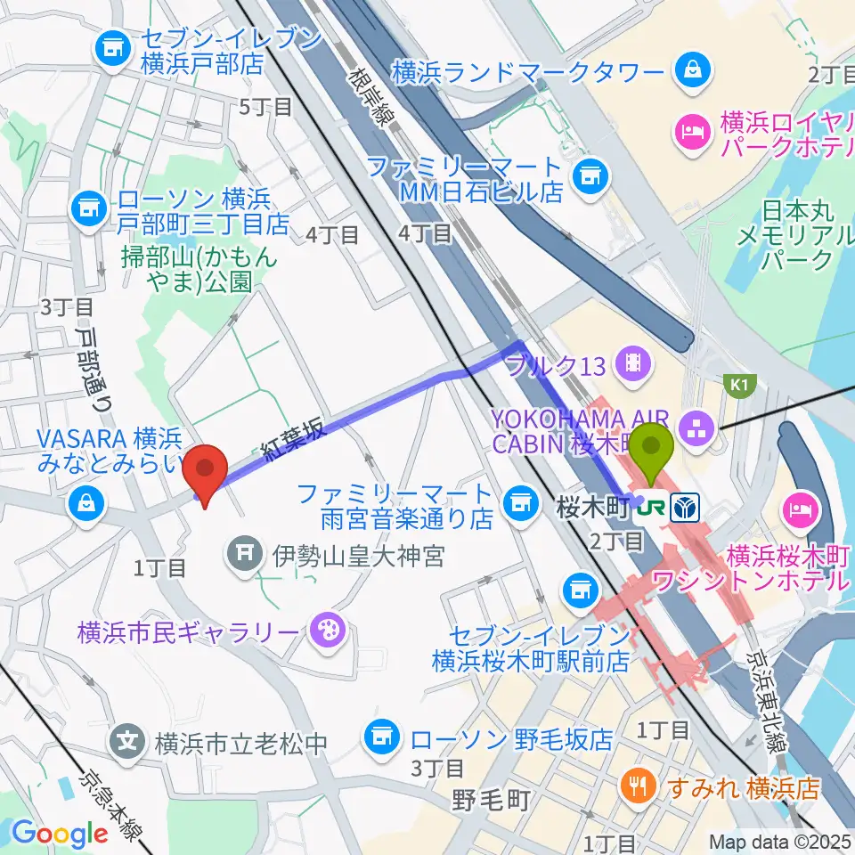 横浜市教育会館の最寄駅桜木町駅からの徒歩ルート（約8分）地図