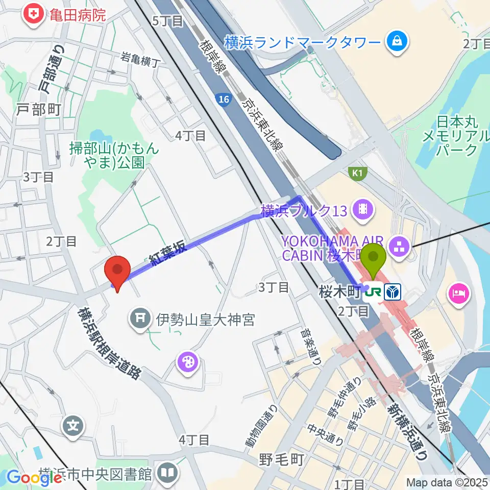 横浜市教育会館の最寄駅桜木町駅からの徒歩ルート（約8分）地図